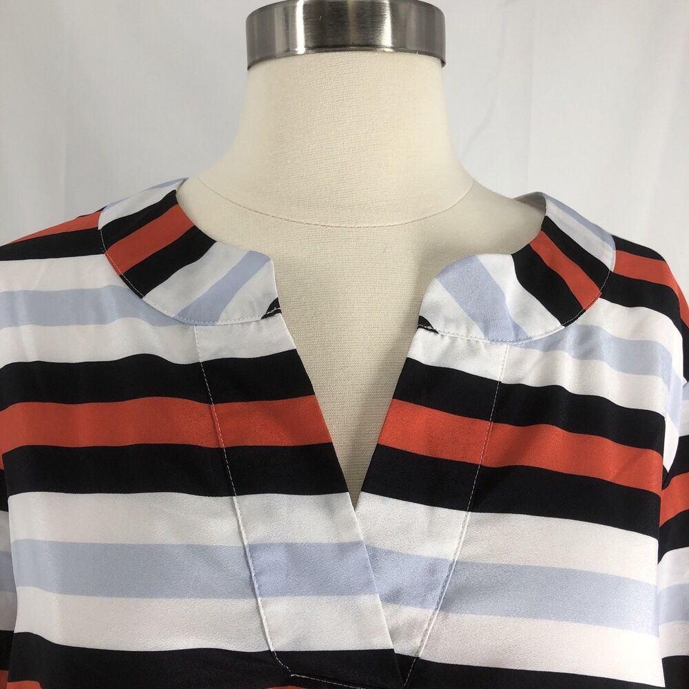 Ann Taylor Red. White Blue V-Neck Lightweight Blouse Women Size L Striped
